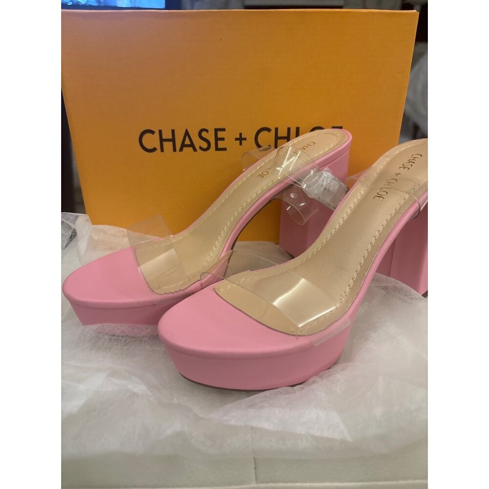 Chase + Chloe HELA-1 Pink Block Heel Sandals Size 9 Chunky Clear Strap Box